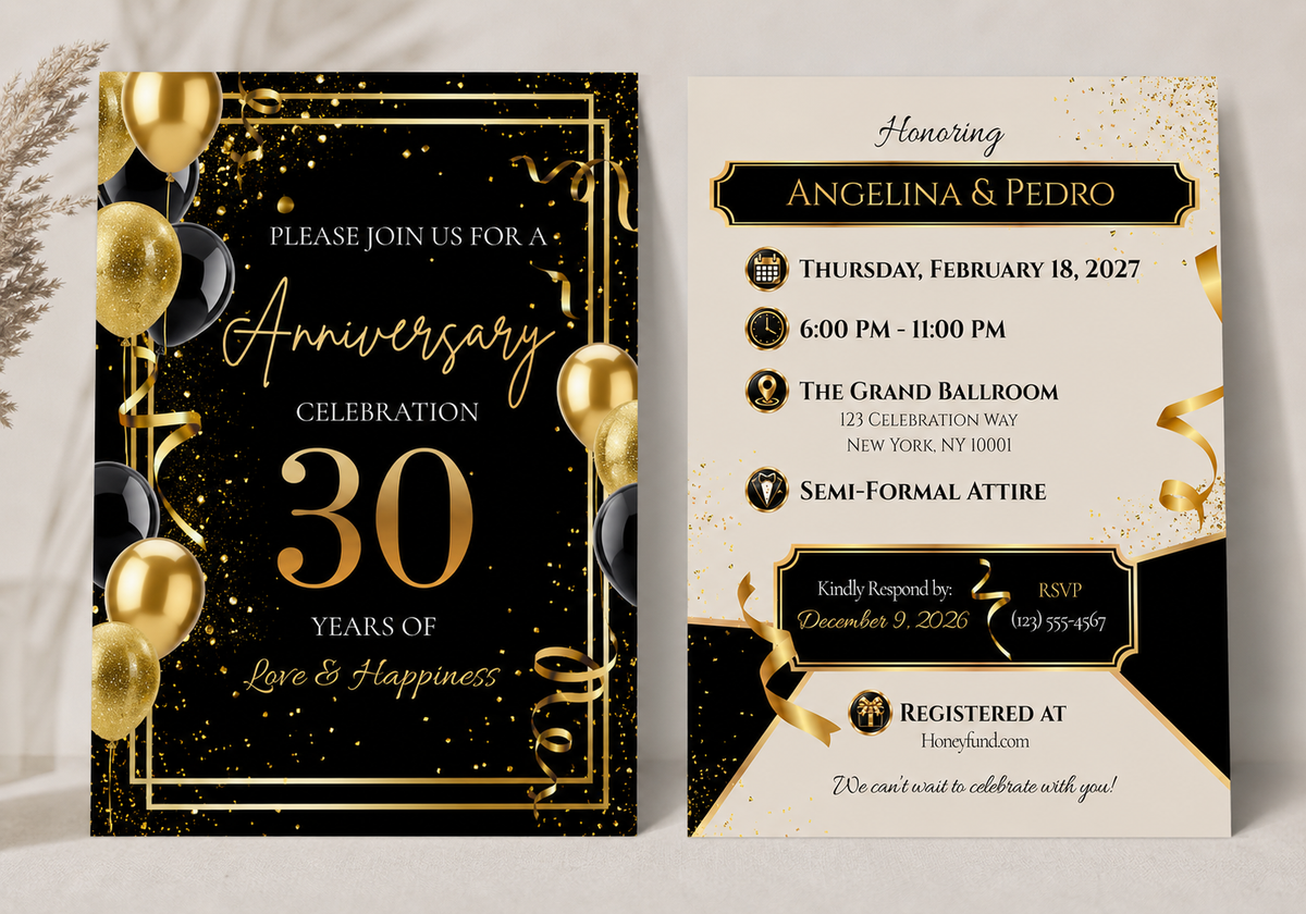 Black and gold anniversary invitation design with balloons and ribbon