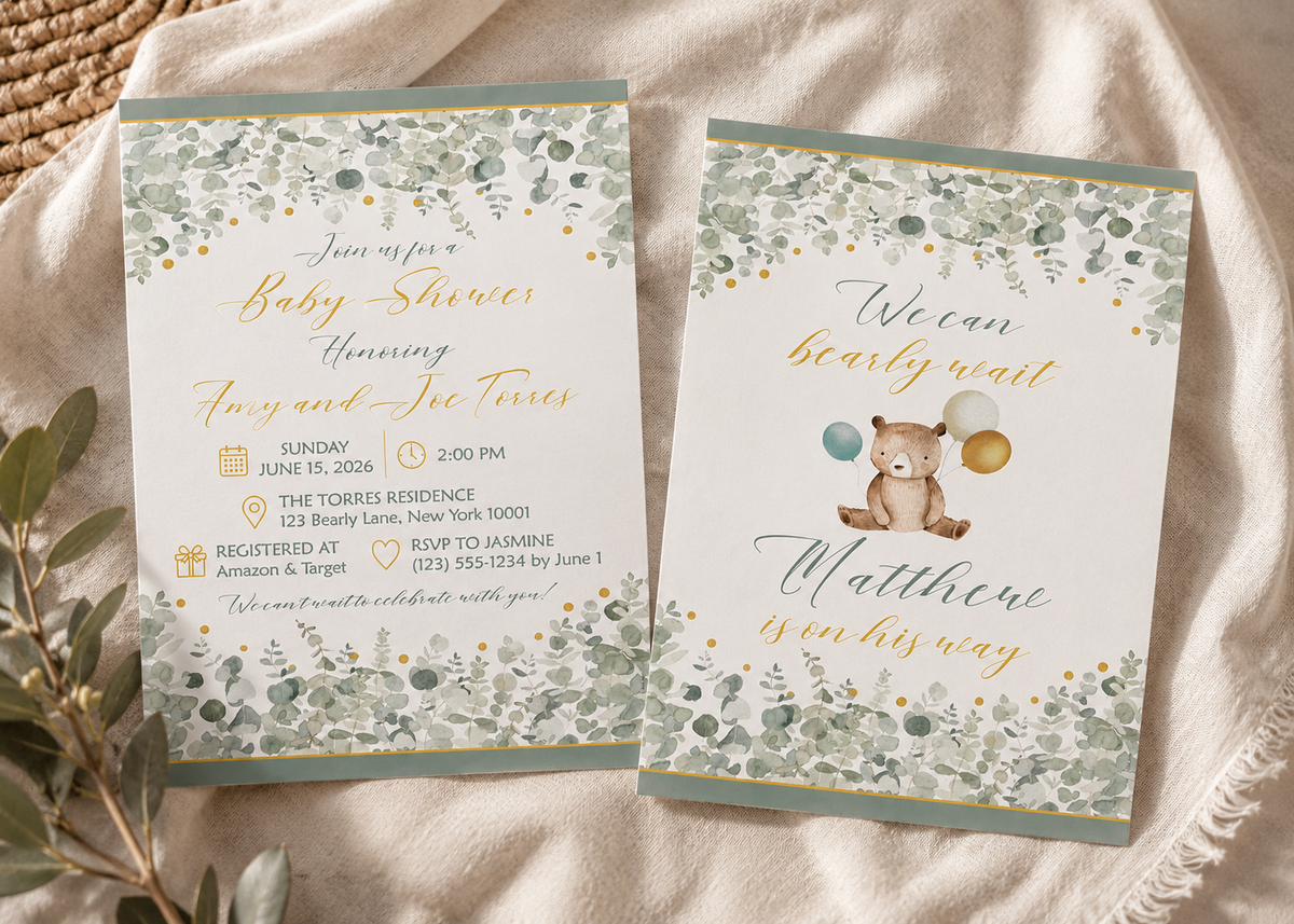 Bear-themed baby shower invitation with greenery and muted balloons