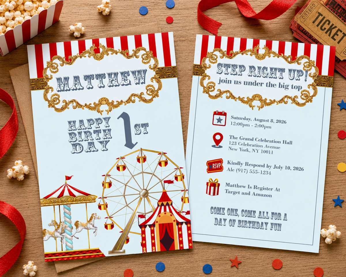 Circus birthday invitation with red stripes, carousel, and Ferris wheel