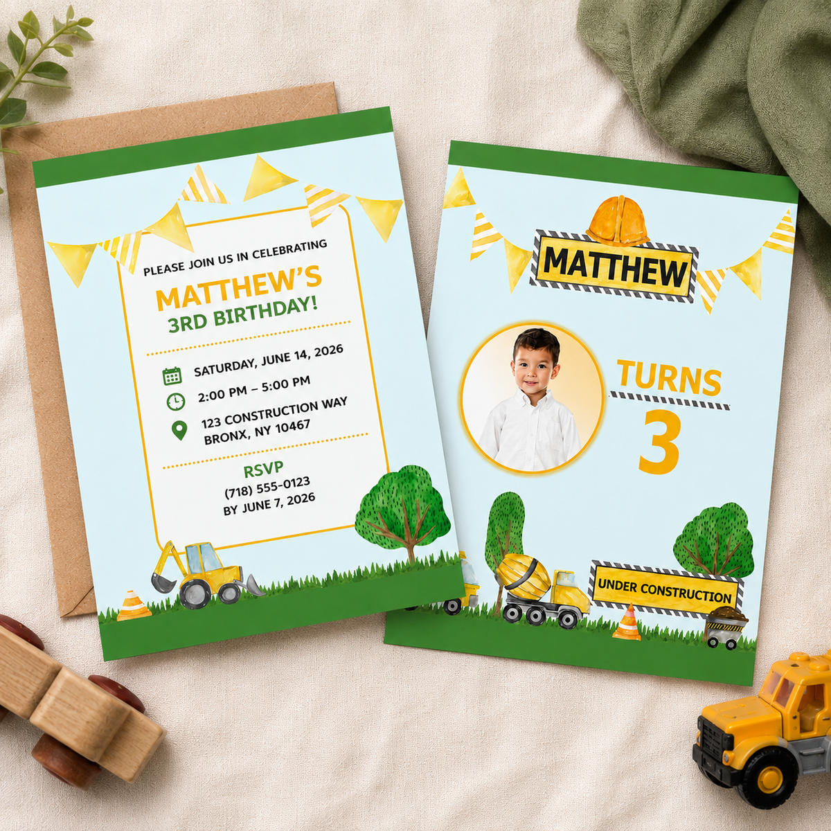 Construction birthday invitation with yellow trucks and a photo design
